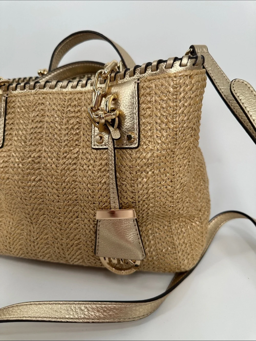 Michael Kors Woven Straw Basket Bag with Gold Trim
